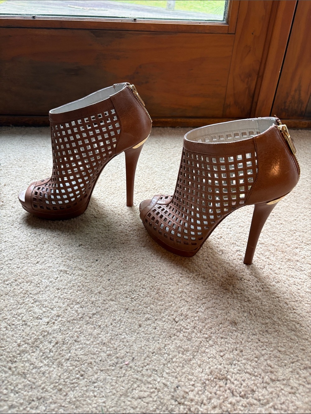 MICHAEL Michael Kors Brown Cutout Peep-Toe Stiletto Booties